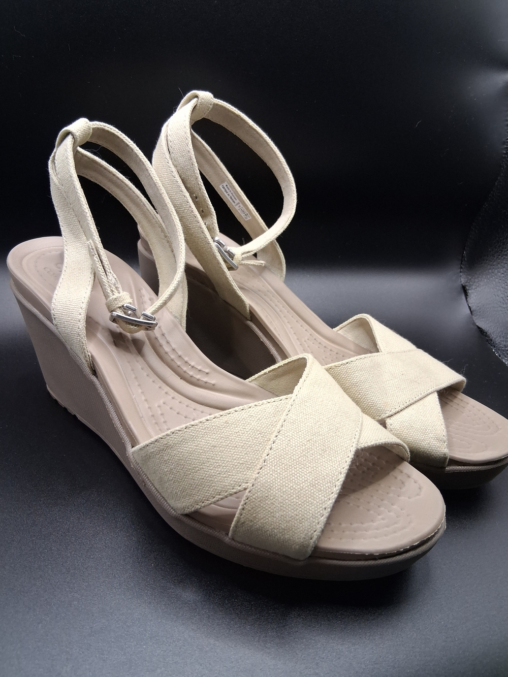 CROCS Cream Canvas Wedge Sandals with Ankle Strap